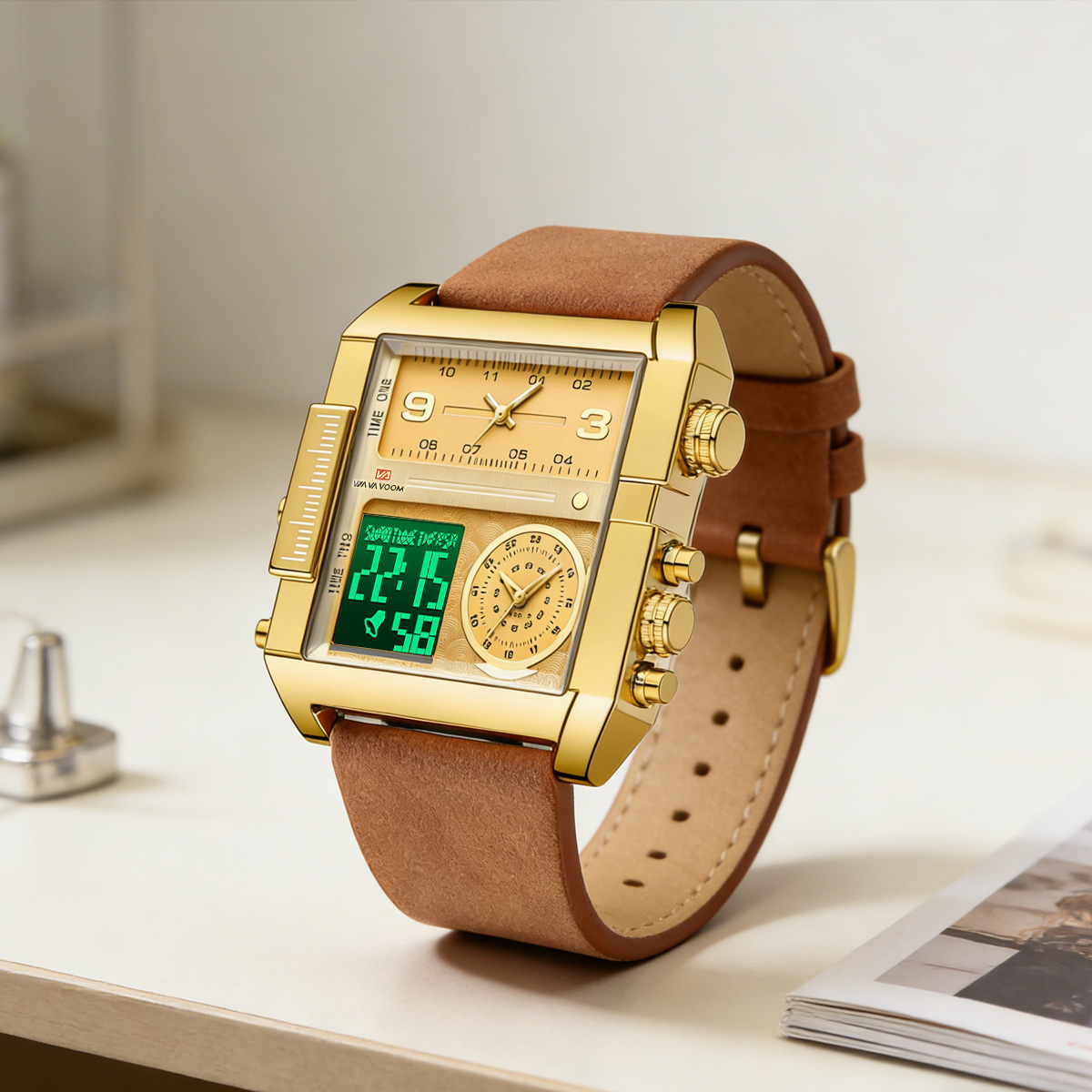 Leather Watch Band Men - Men Electronic Watches Square 48mm Gold