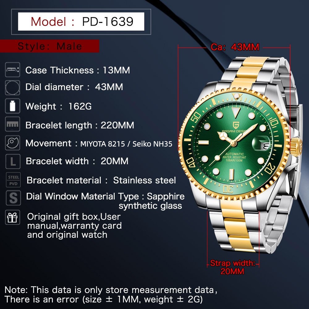 PAGANI Design PD1639 Men Autom - Rolex Watch Submariner review and price